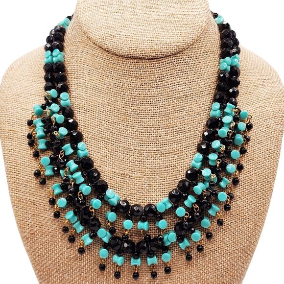 Vintage Hobé Bib Necklace Black Faceted & Aqua Bowtie Glass Beads 1950s - Picture 1 of 8